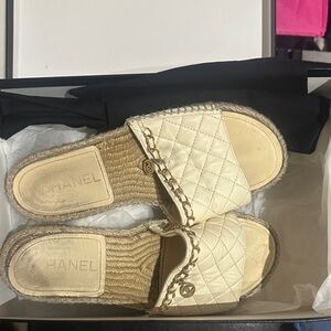 CHANEL Beige Quilted Espadrille Slides